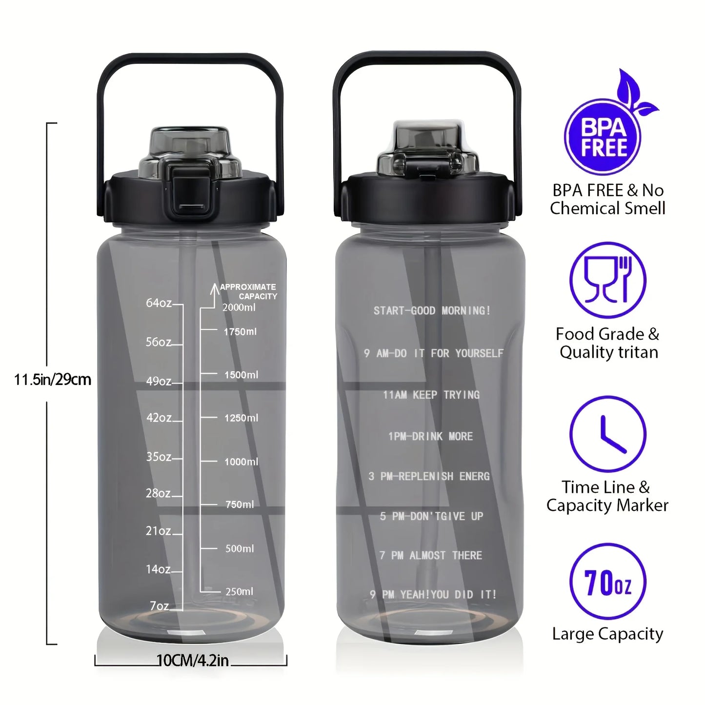 64 OZ Water Bottle With Sleeve, With Straw & Time Marker To Drink, Leakproof BPA Free Reusable Insulated Water Bottle For Men Wo