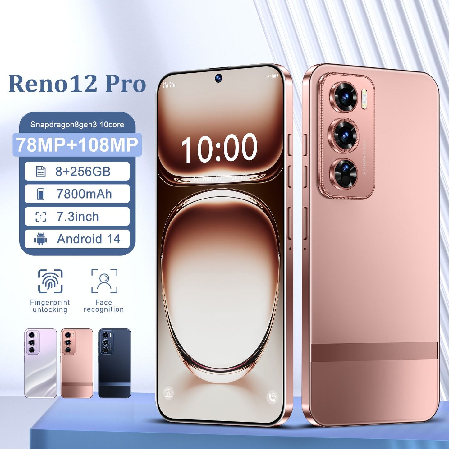 8GB+256GB Reno12 Pro Android 13 Smartphone - 6.8"HD Display, 6000mAh Battery, Unlocked - (Pink)