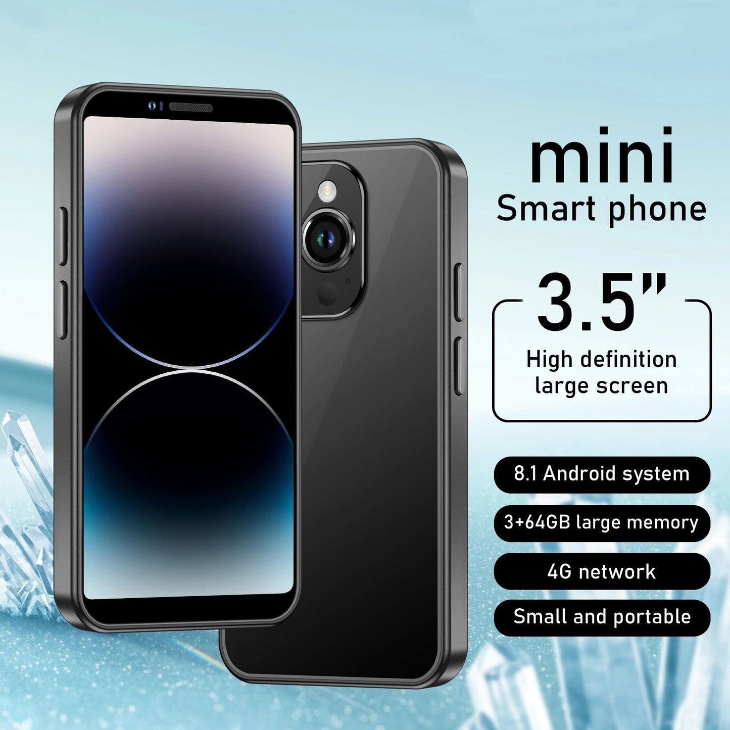 3+64GB i16 Mini Smartphone, 3.5HD Screen, 2600mAh Battery, Dual SIM, Facial Recognition, Pocket Phone, Gift For Kids phone(Black)